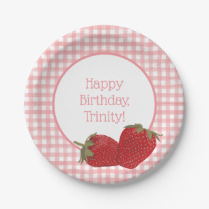 Pink Gingham and Red Strawberries Paper Plate