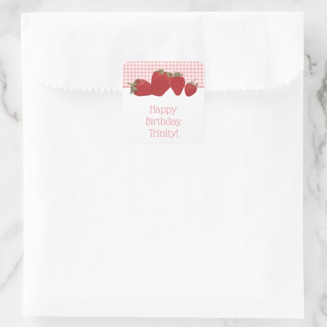 Pink Gingham and Red Strawberries Square Sticker (Bag)
