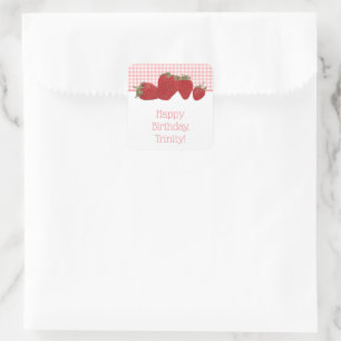 Pink Gingham and Red Strawberries Square Sticker