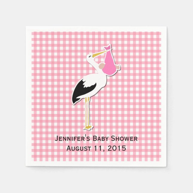 Pink Gingham and Stork Baby Shower Paper Napkins (Front)