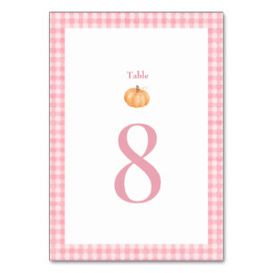 Pink Gingham Autumn Fall Pumpkin Baby Shower Table Number