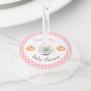 Pink Gingham Autumn Fall Pumpkin Baby Shower Wine Glass Tag