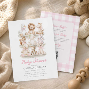 Pink Gingham Baby Animal All In One Baby Shower Invitation
