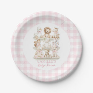 Pink Gingham Baby Animal Baby Shower Paper Plate