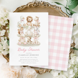 Pink Gingham Baby Animal Girl Baby Shower Invitation