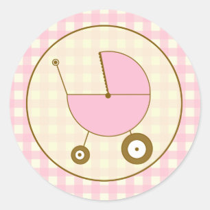 Pink Gingham Baby Carriage Sticker