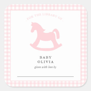 Pink Gingham baby girl for the library  Bookplate Square Sticker