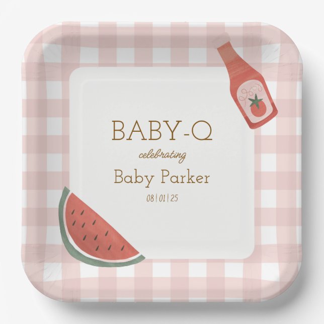 Pink Gingham Baby-Q Square Plate (Front)