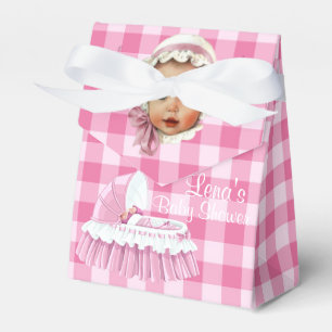 Pink Gingham Baby & Ruffled Bassinet Favour Boxes