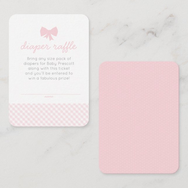 Pink gingham baby shower diaper raffle ticket enclosure card (Front/Back)