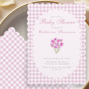 Pink Gingham Baby Shower Invitation With Flowers