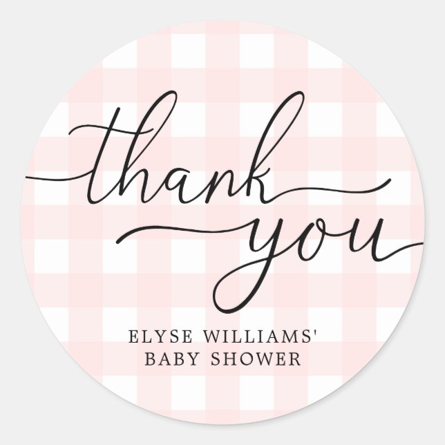 Pink Gingham Baby Shower Thank You Favour Sticker (Front)