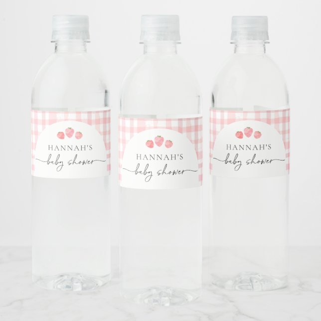 Pink Gingham Baby Shower Water Bottle Labels (Bottles)