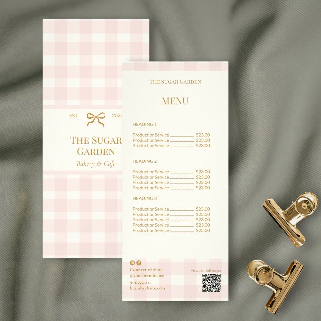 Pink Gingham Bakery Price List QR Code Marketing  Rack Card (Creator Uploaded)