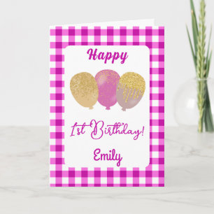 Pink Gingham Balloons Kids Birthday Greeting Card