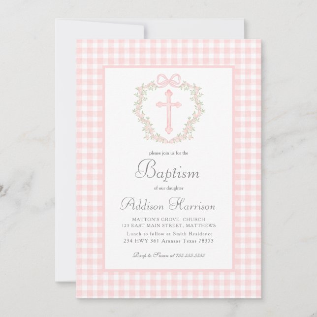 Pink Gingham Baptism Invitation, Girl Baptism Invitation (Front)