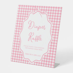 Pink Gingham Barbecue BBQ Baby-Q Diaper Raffle Pedestal Sign