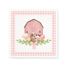 Pink Gingham Barnyard Birthday Paper Napkins