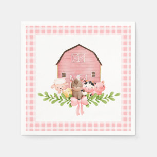 Pink Gingham Barnyard Birthday Paper Napkins