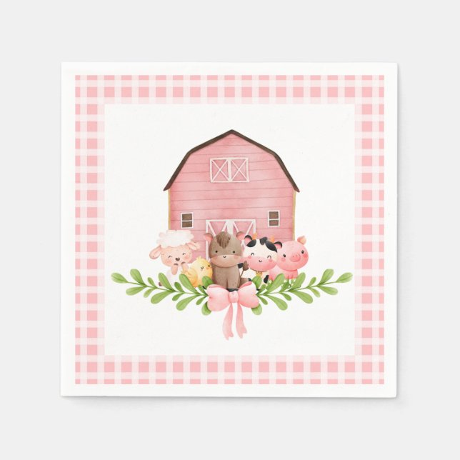 Pink Gingham Barnyard Birthday Paper Napkins (Front)