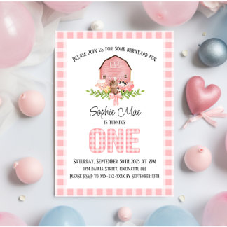 Pink Gingham Barnyard First Birthday Invitation
