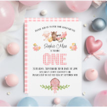 Pink Gingham Barnyard First Birthday Invitation