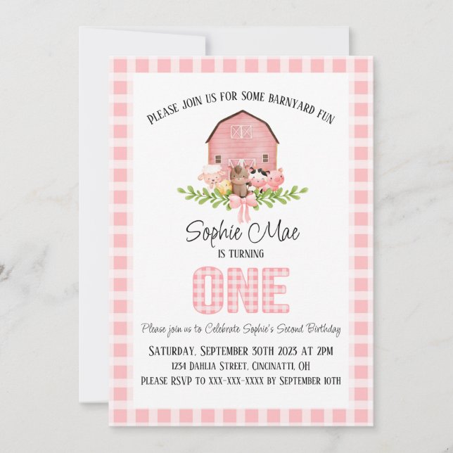 Pink Gingham Barnyard First Birthday Invitation (Front)