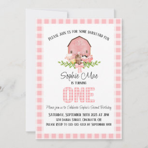 Pink Gingham Barnyard First Birthday Invitation