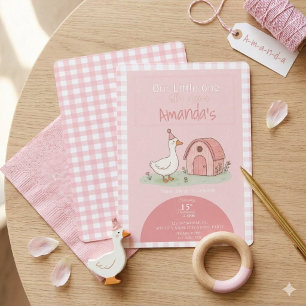 Pink Gingham Barnyard Kids Birthday Invitation
