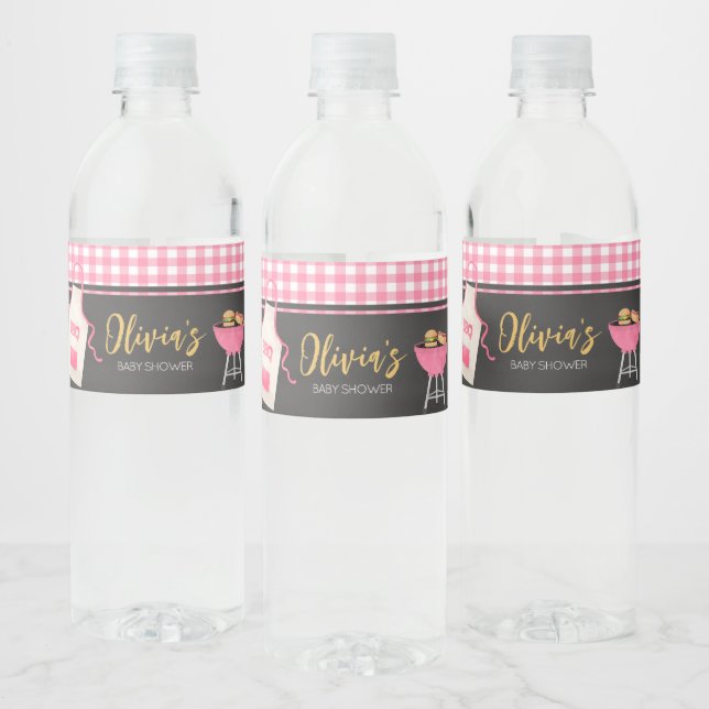 Pink Gingham BBQ Baby Shower  Water Bottle Label (Bottles)