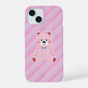 Pink Gingham Bear and Diagonal Stripes Phone Case