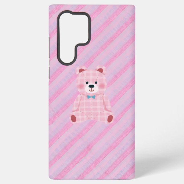Pink Gingham Bear and Diagonal Stripes Phone Case (Back)