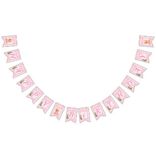Pink Gingham Bear Cub Happy Birthday  Bunting