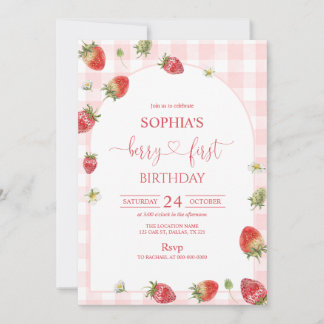 Pink Gingham Berry First Birthday 1st Birthday Invitation