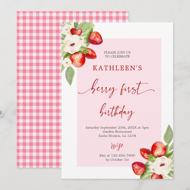 Pink Gingham Berry First Birthday Girl Invitation (Front/Back)