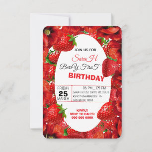 Pink Gingham Berry First Birthday Invitation Templ