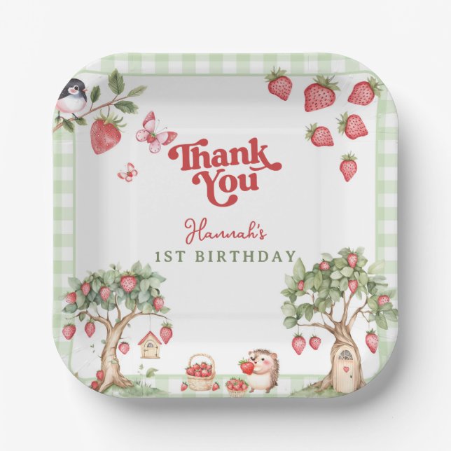 Pink Gingham Berry First Strawberry 1st Birthday Paper Plate (Front)