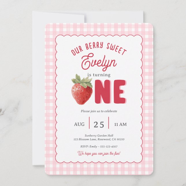 Pink Gingham Berry First Strawberry Themed Invitation (Front)