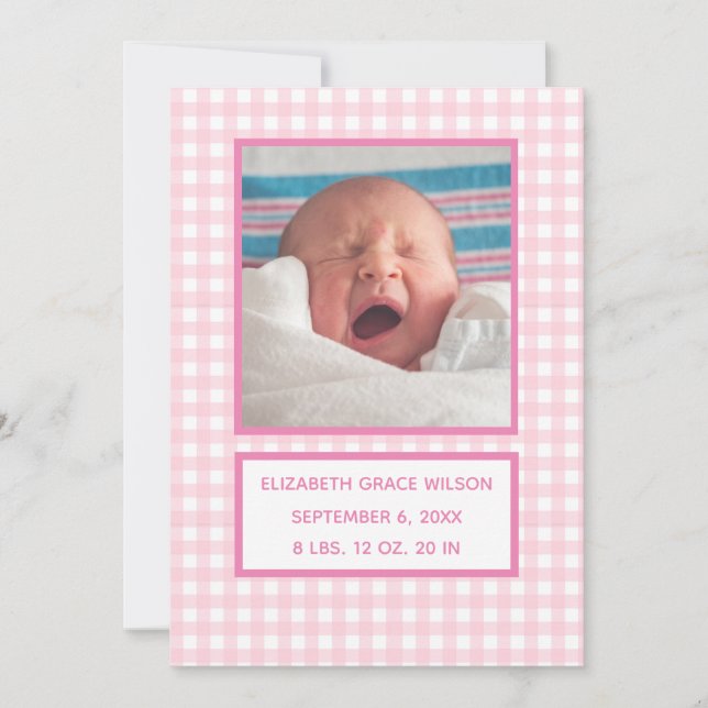 Pink Gingham Birth Announcement Card (Front)
