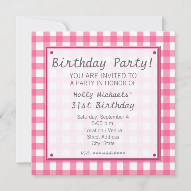 Pink Gingham Birthday Party Invitation (Front)