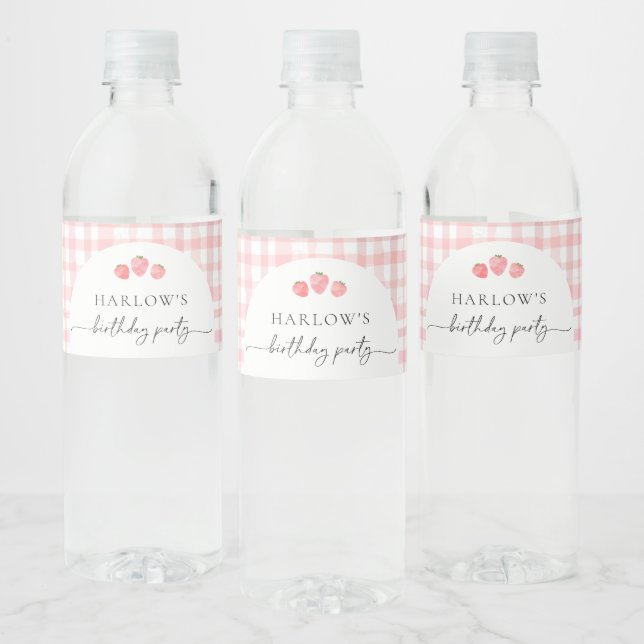 Pink Gingham Birthday Water Bottle Labels (Bottles)