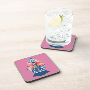 Pink Gingham Blue Ginger Jar Coaster