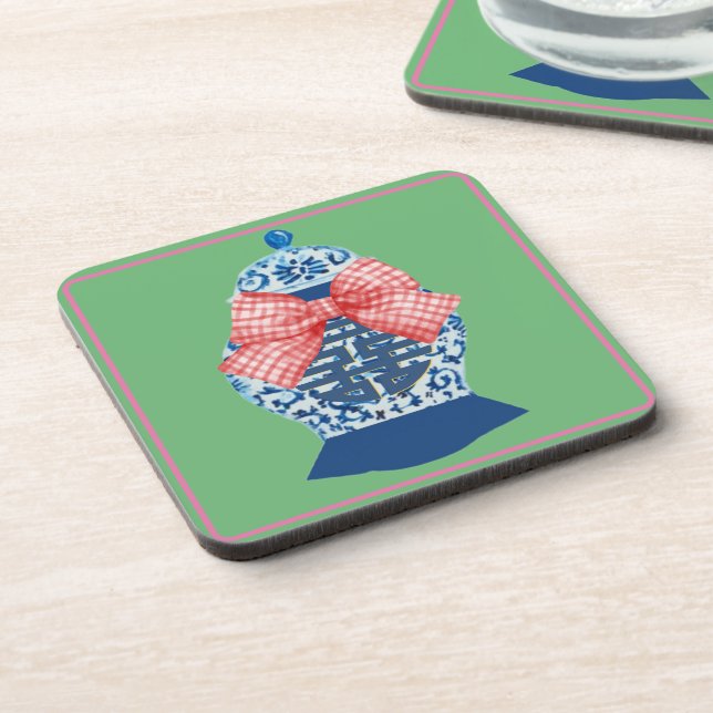 Pink Gingham Blue Ginger Jar     Coaster (Left Side)