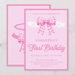 Pink Gingham Bow 1st Birthday Party Invitation