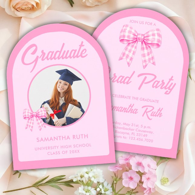 Pink Gingham Bow Arch Photo Graduation Party Invitation (Creator Uploaded)
