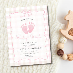 Pink Gingham Bow Baby Girl Shower Baby Footprints Invitation