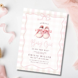 Pink Gingham Bow Baby Girl Shower Baby Shoes Invitation