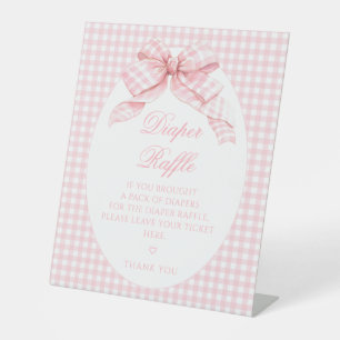 Pink Gingham Bow Baby Girl Shower Diaper Raffle Pedestal Sign
