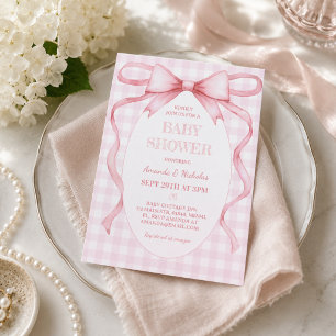 Pink Gingham Bow Baby Girl Shower  Invitation