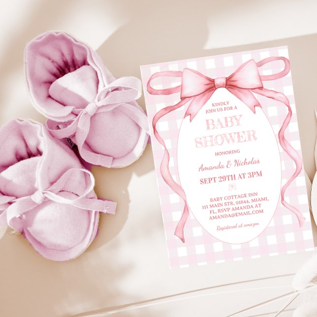 Pink Gingham Bow Baby Girl Shower  Invitation (Creator Uploaded)